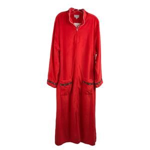 Lanz Of Salzburg Robe Women 2X Bright Red Fleece Zip Front Black Floral Trim NWT